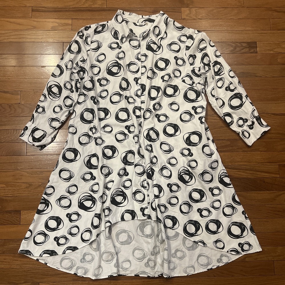 Dalin 3X Abstract Print High Low Shirt Dress White Black Cotton Button Front